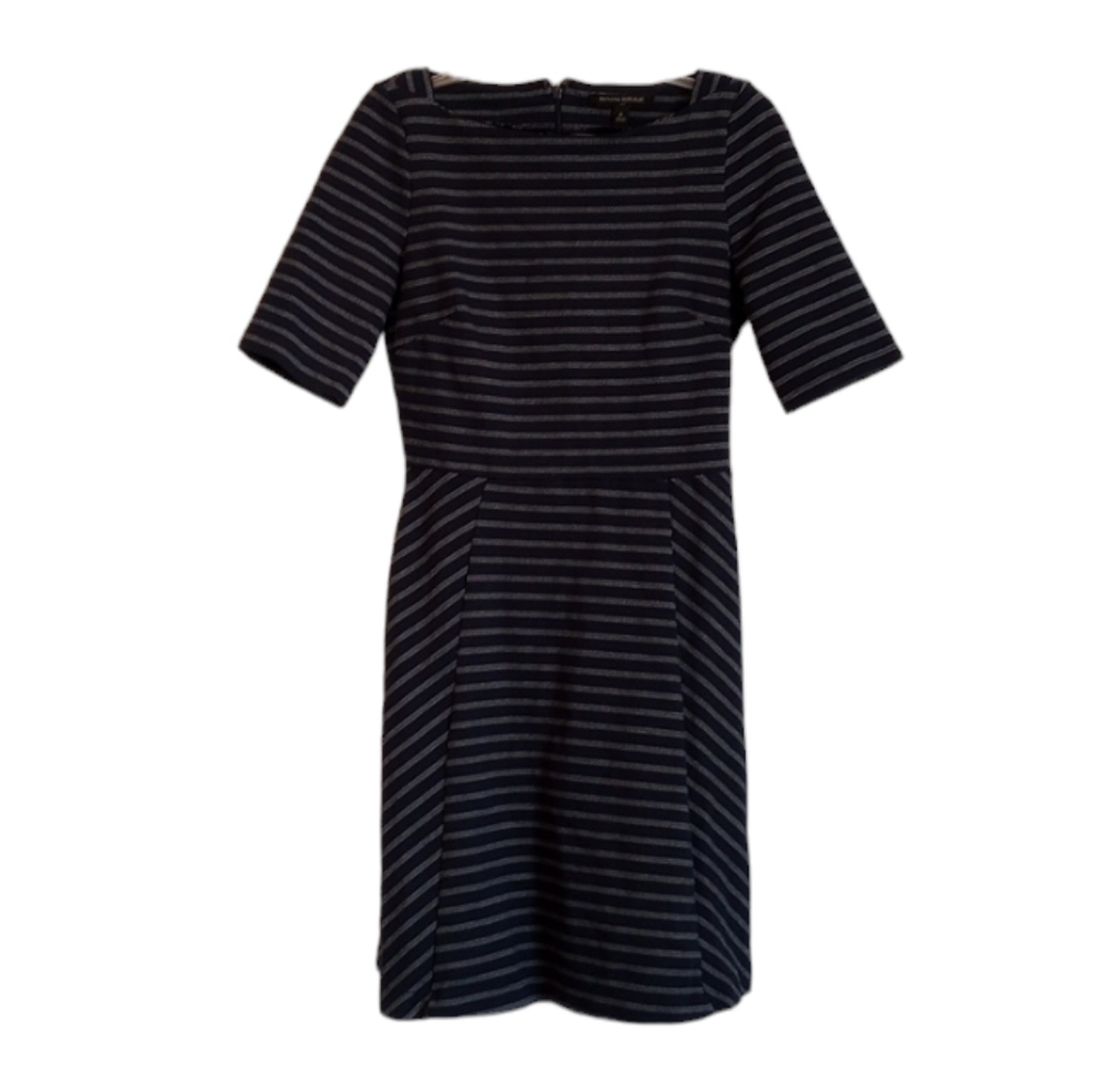 Banana Republic Womens Dress Sz 0 Navy Blue White Stripe Fit & Flare High Neck